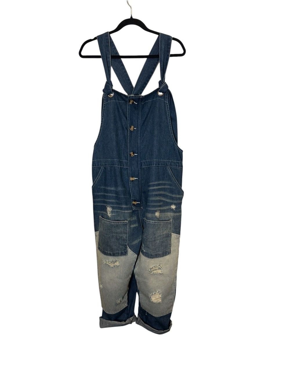 Monthorigin Distressed Japanese Two-Tone Utility Style Patchwork Denim Overalls